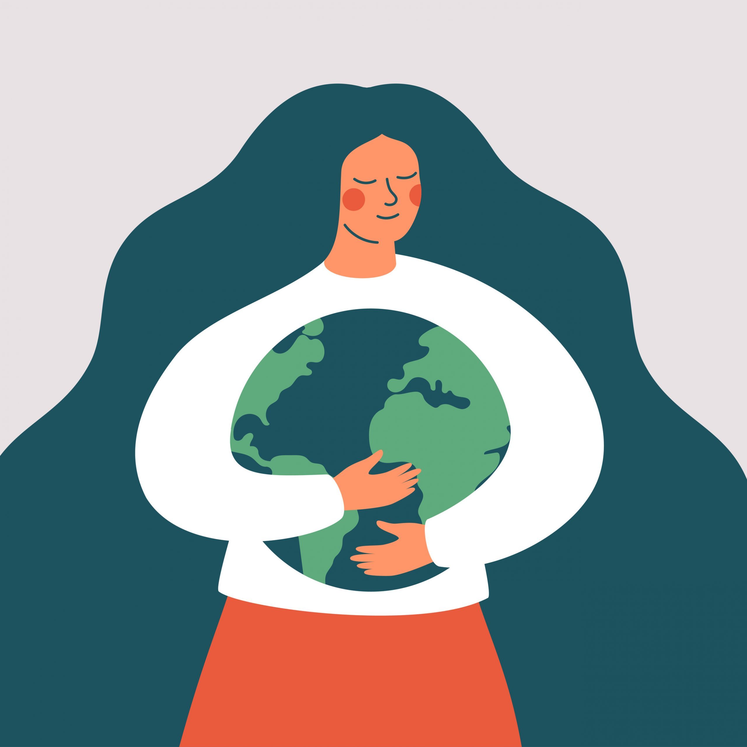 Young woman embraces green planet Earth with care and love. Vector illustration of Earth day and saving planet. Environment conservation and energy saving concept.