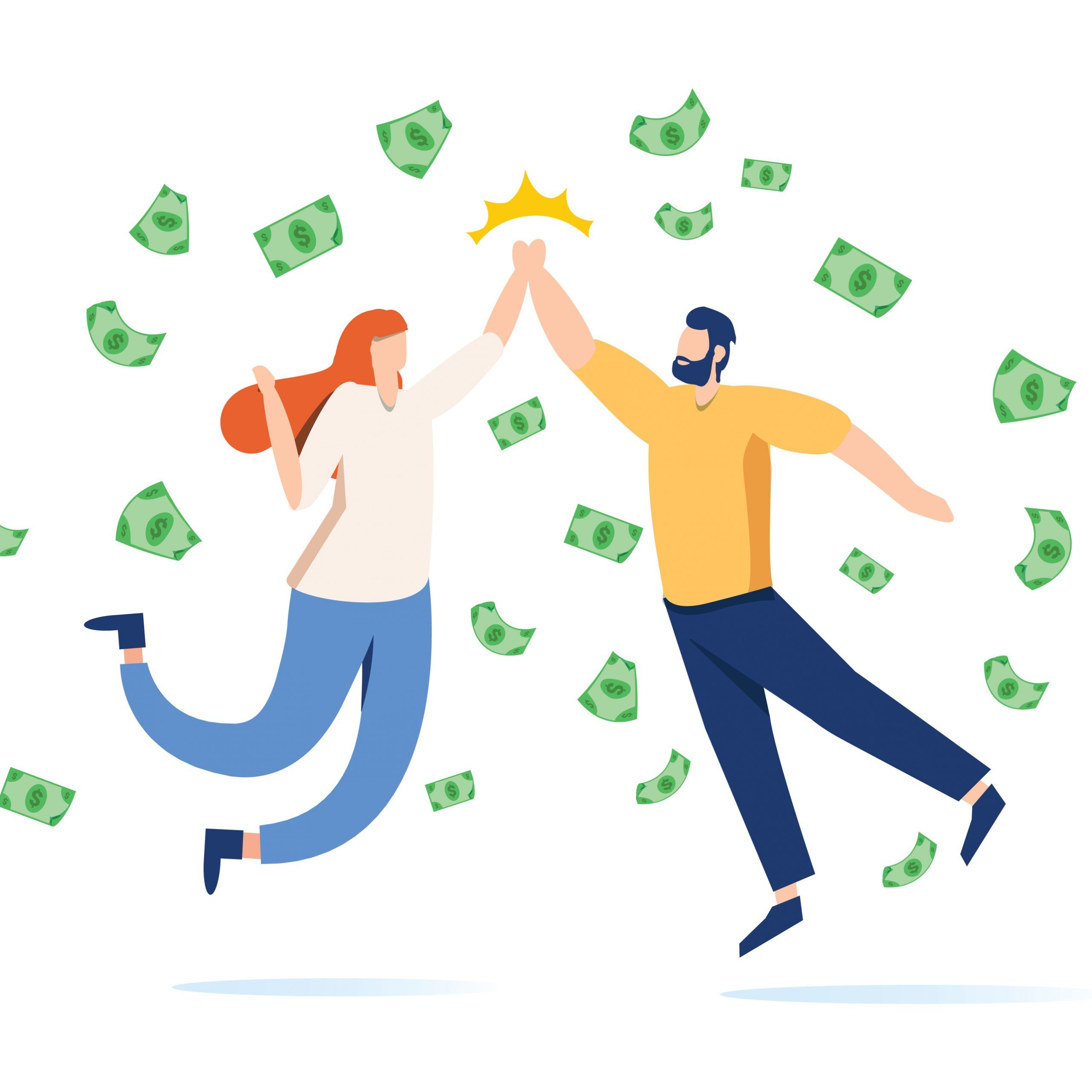 Money Lane flies and two business people jump and do a high five. Modern style vector design illustrations. Business concept. Team metaphor. People giving high five. Vector illustration flat design